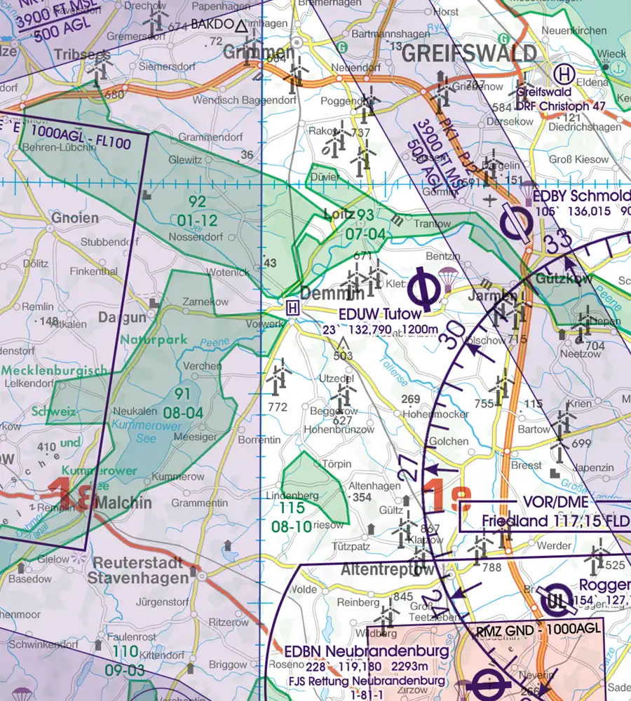 Naturschutzgebite auf der ICAO Karte von Deutschland in 500k