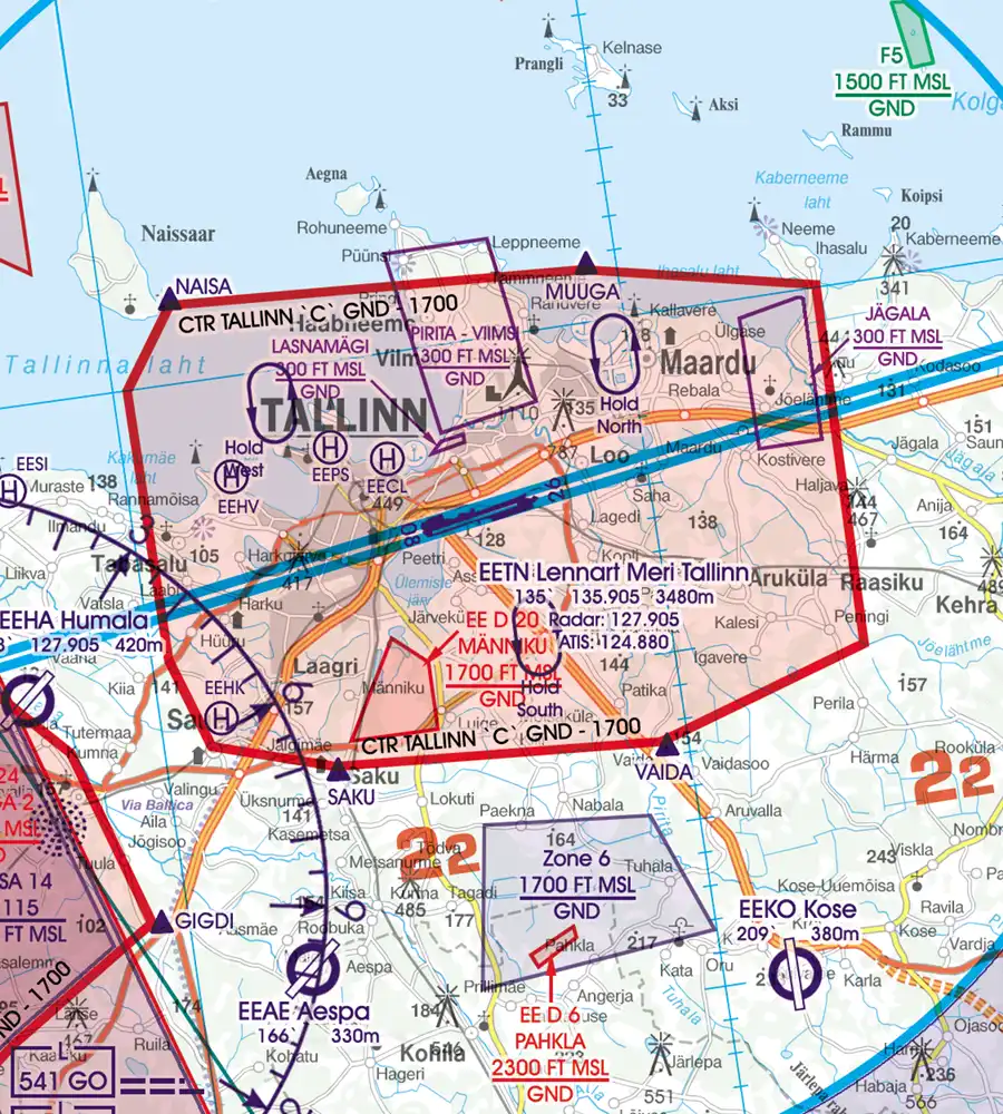 Funknavigationsanlage auf der VFR Karte von Estland in 500k