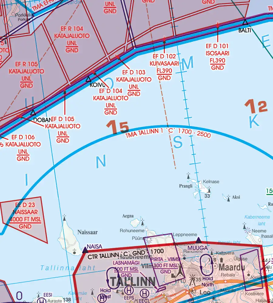 Grenzüberflugspunkte auf der Luftflugkarte von Estland in 500k