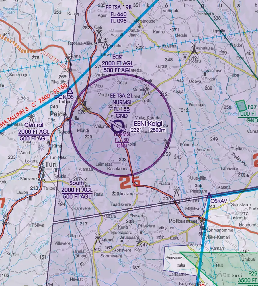 TSA Temporär abgetrennter Bereich in 500k auf der ICAO Karte von Estland
