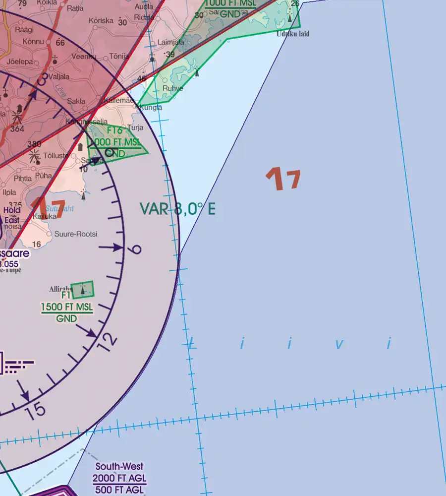 Magnetische Variation auf der ICAO Karte von Estland in 500k