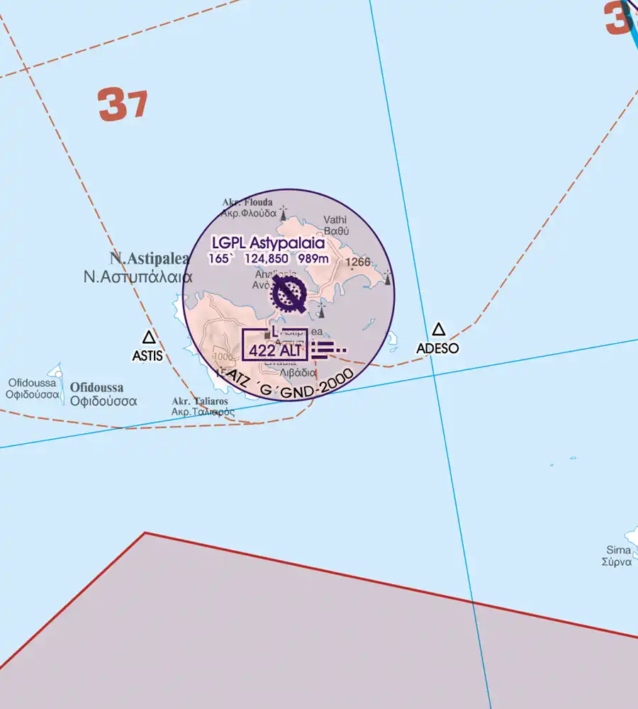 ATZ Flugverkehrszonen in 500k auf der VFR Karte von Griechenland
