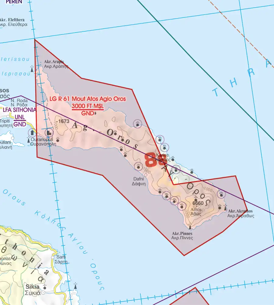 Flugbeschränkungsgebiet in 500k auf der VFR Karte von Griechenland