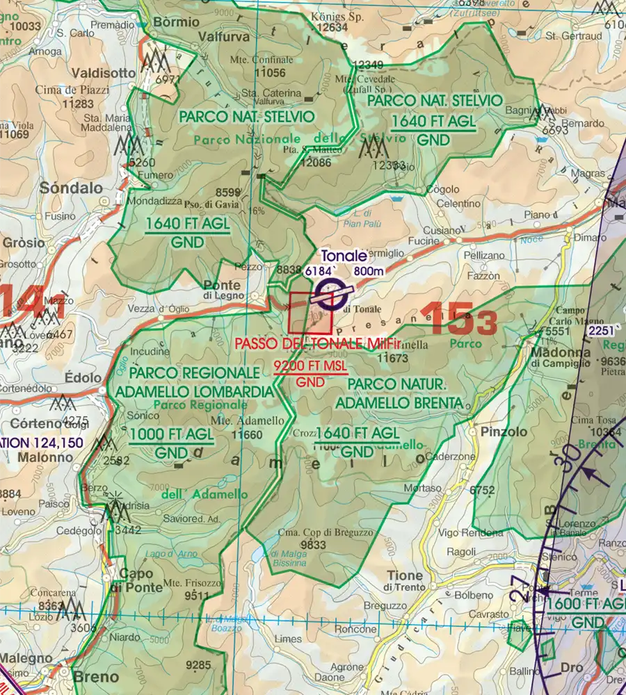 Militär Schießplatz und Übungsgebiet auf der Sichtflugkarte von Italien in 500k