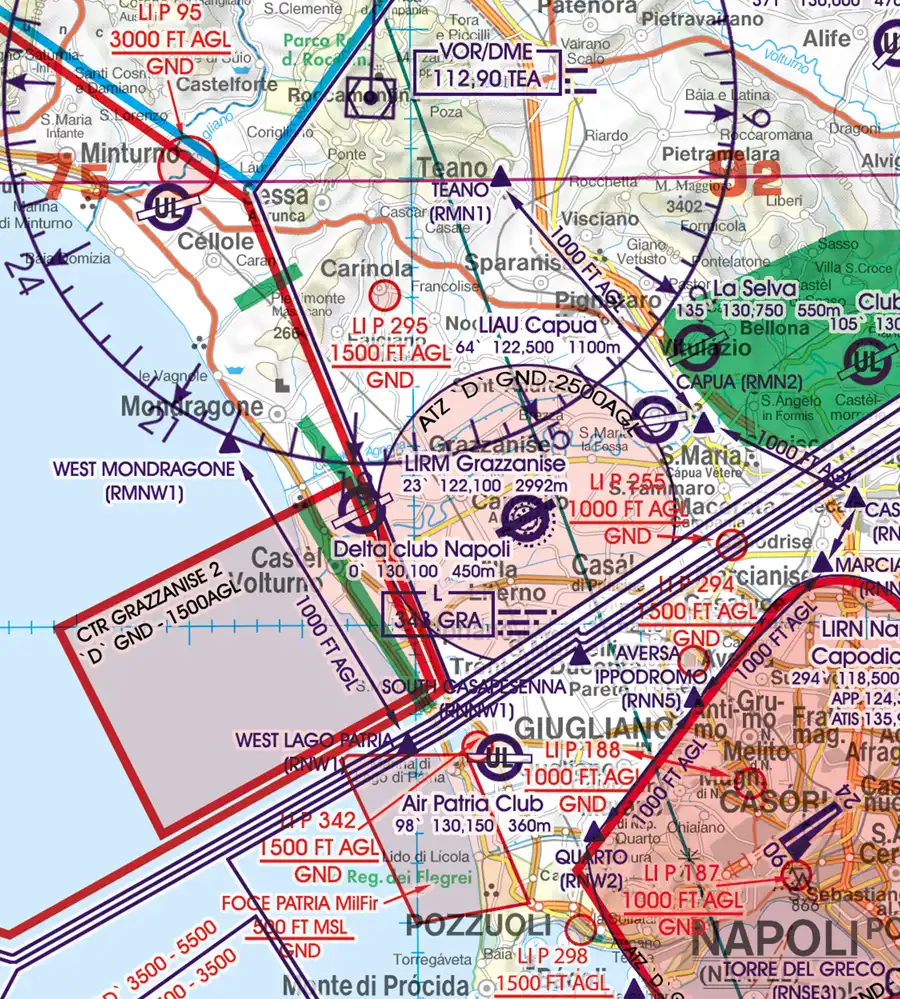 Militärflugplatz auf der VFR ICAO Karte von Italien in 500k