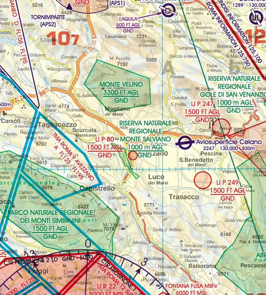 Naturschutzgebiete auf der 500k ICAO Karte von Italien