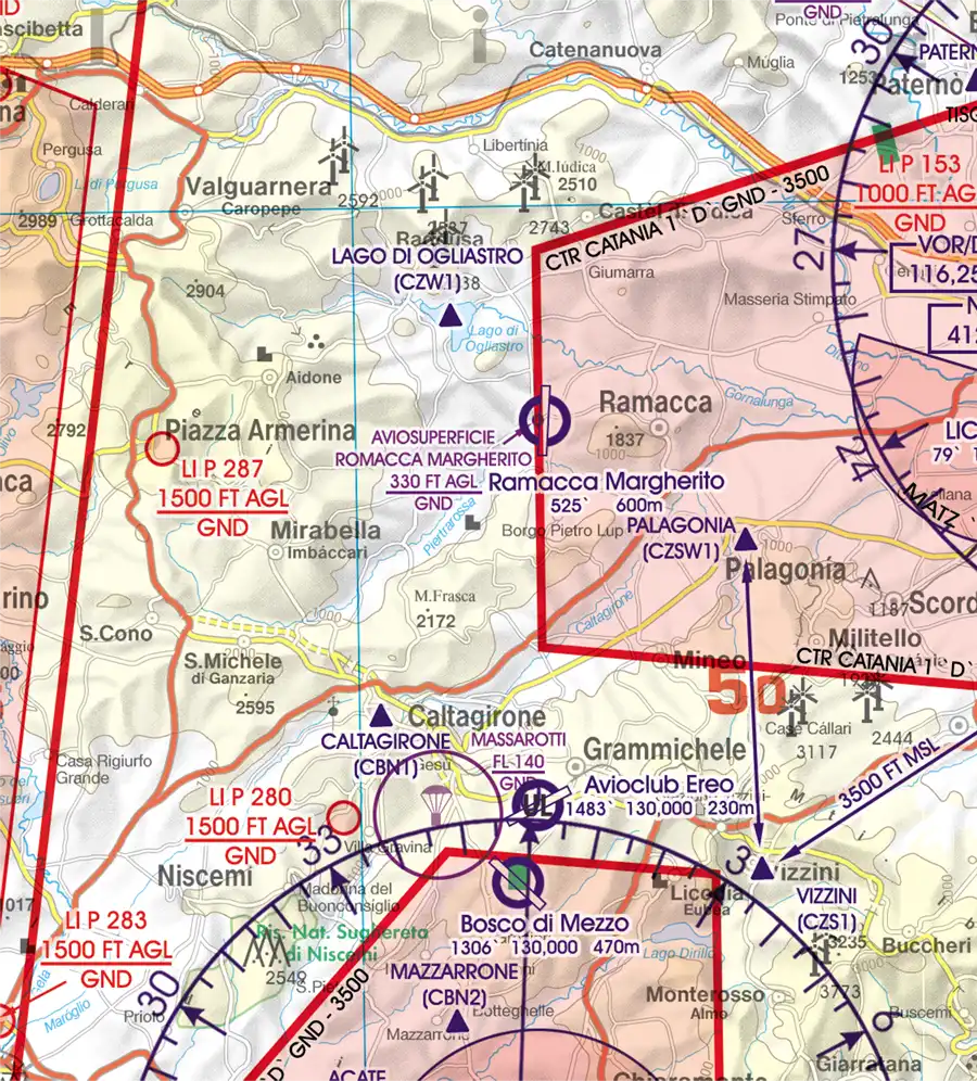Luftsportgebiet auf der Luftflugkarte für Malta und Sizilien in 500k