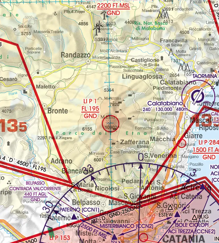 Gefahrenzone auf der 500k VFR Karte für Malta und Sizilien