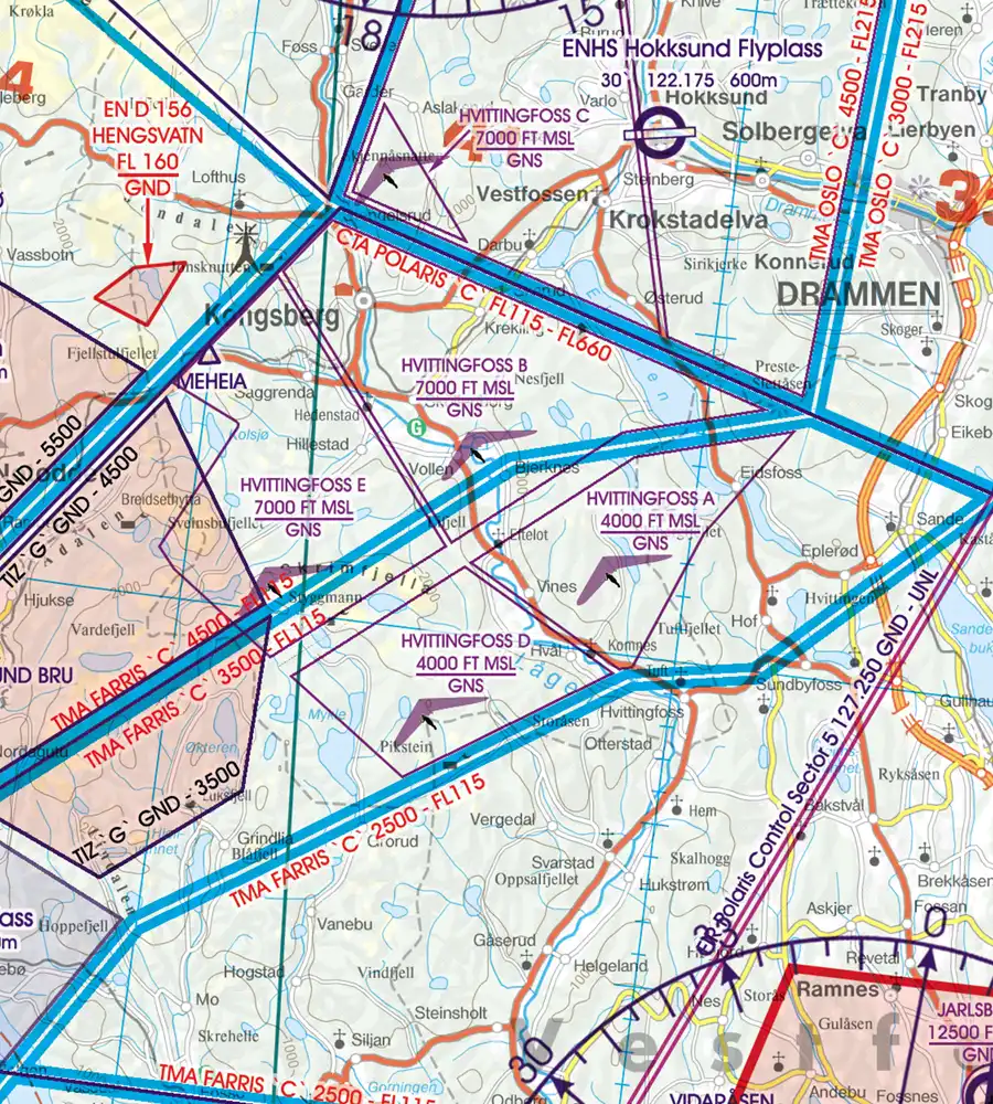 Luftsportgebiet auf der 500k VFR Karte von Norwegen