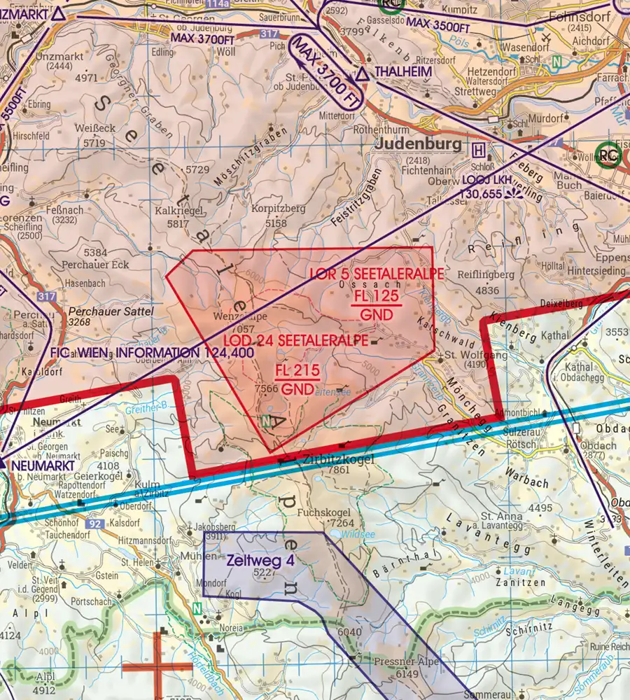 Gefahrengebiet auf der Sichtflugkarte von Österreich in 200k