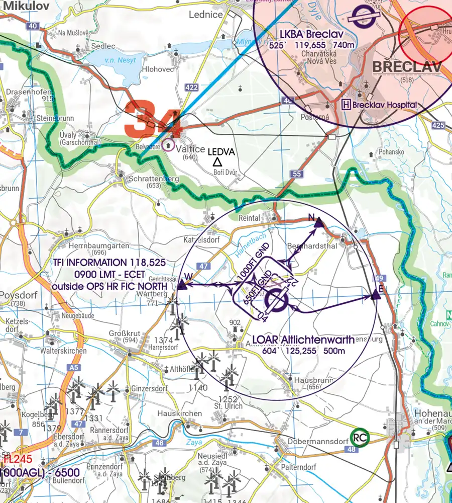 Grenzüberflugspunkte auf der ICAO Karte von Österreich in 200k
