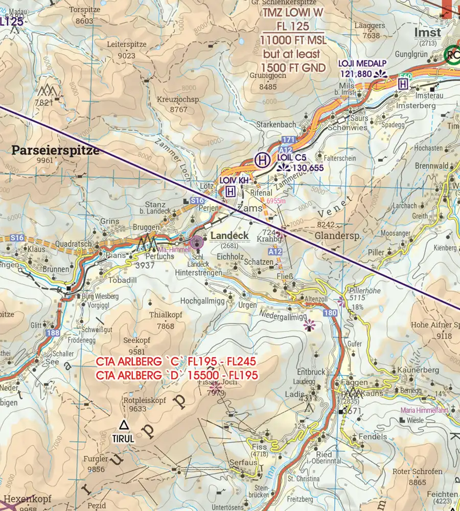 Hubschrauberlandeplatz auf der 200k VFR Karte von Österreich