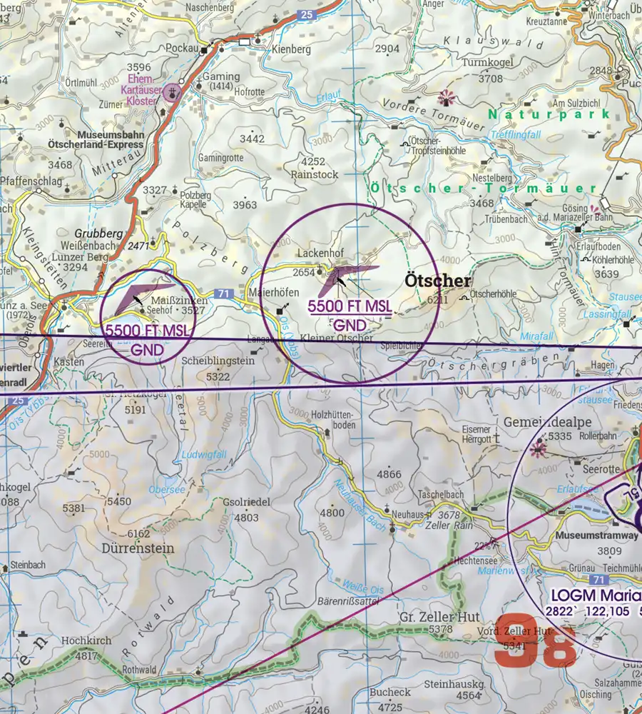 Luftsportgebiet auf der Luftfahrtkarte von Österreich in 200k
