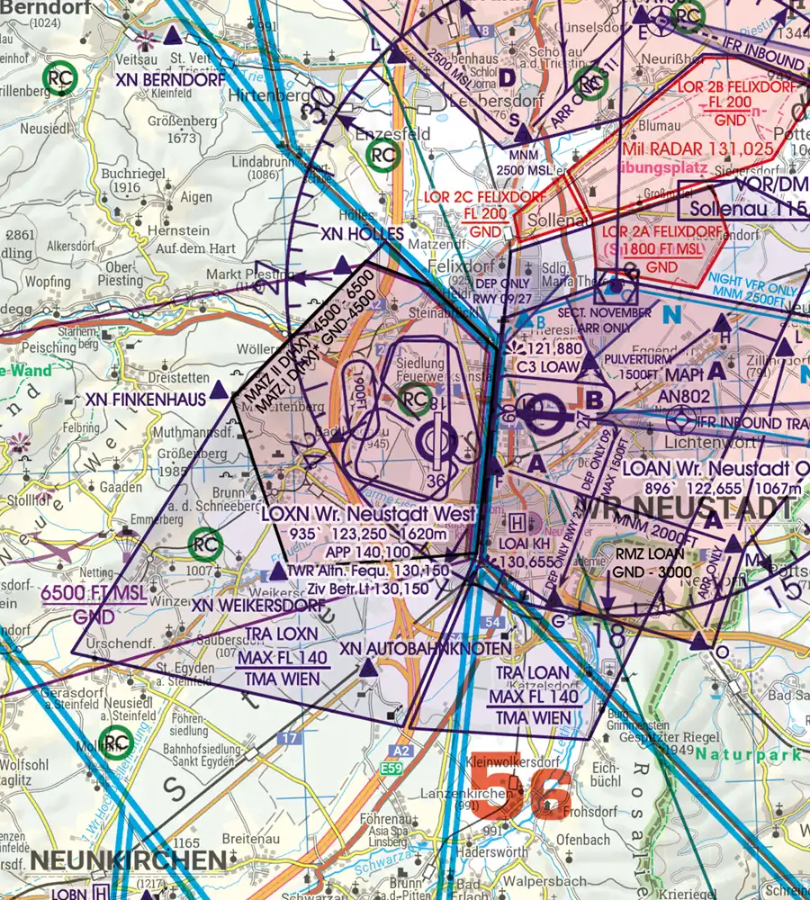 MATZ Military Aerodrome Traffic auf der 200k VFR Karte von Österreich