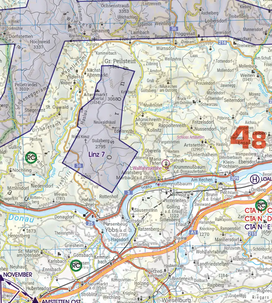 Militärische Tiefflugstrecken auf der 200k ICAO Karte von Österreich