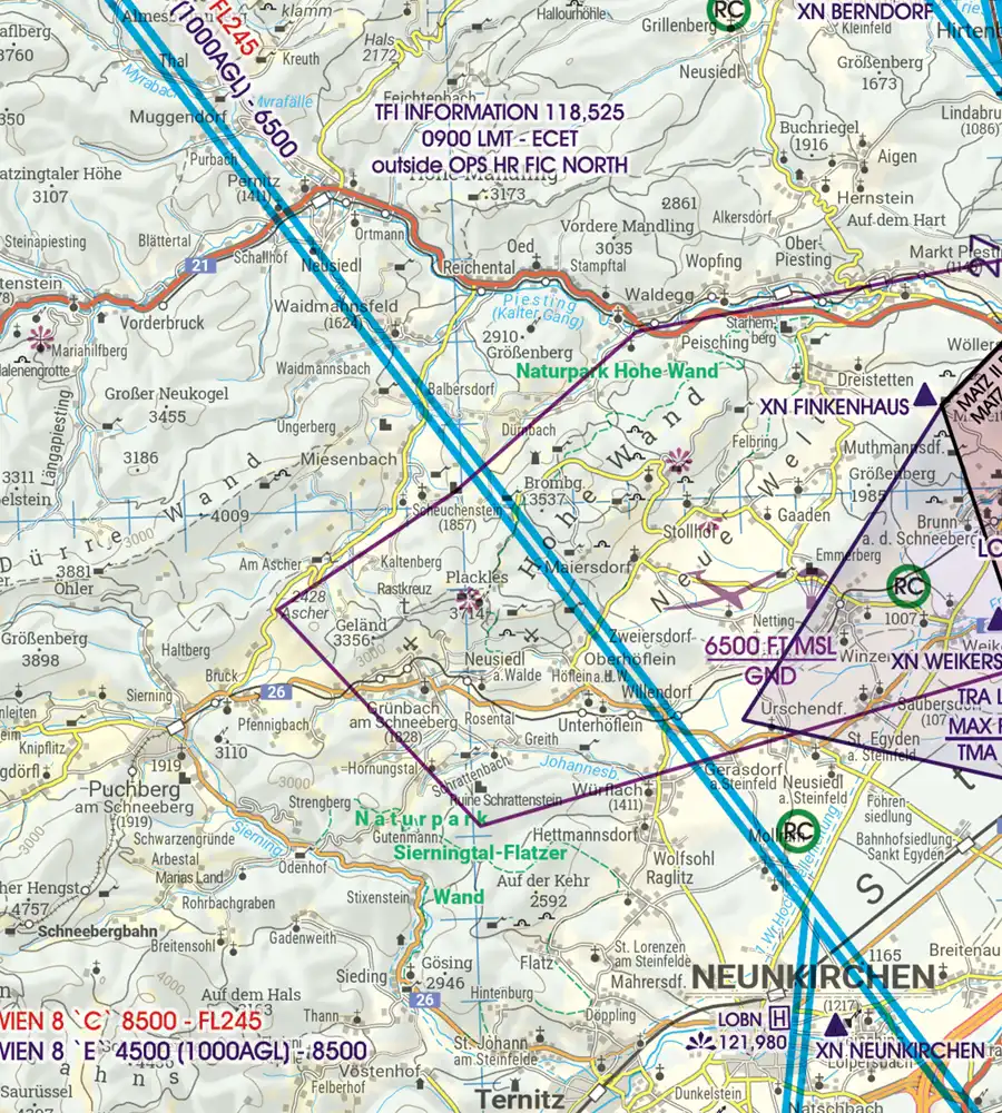 Naturschutzgebiet auf der 200k Luftfahrtkarte von Österreich
