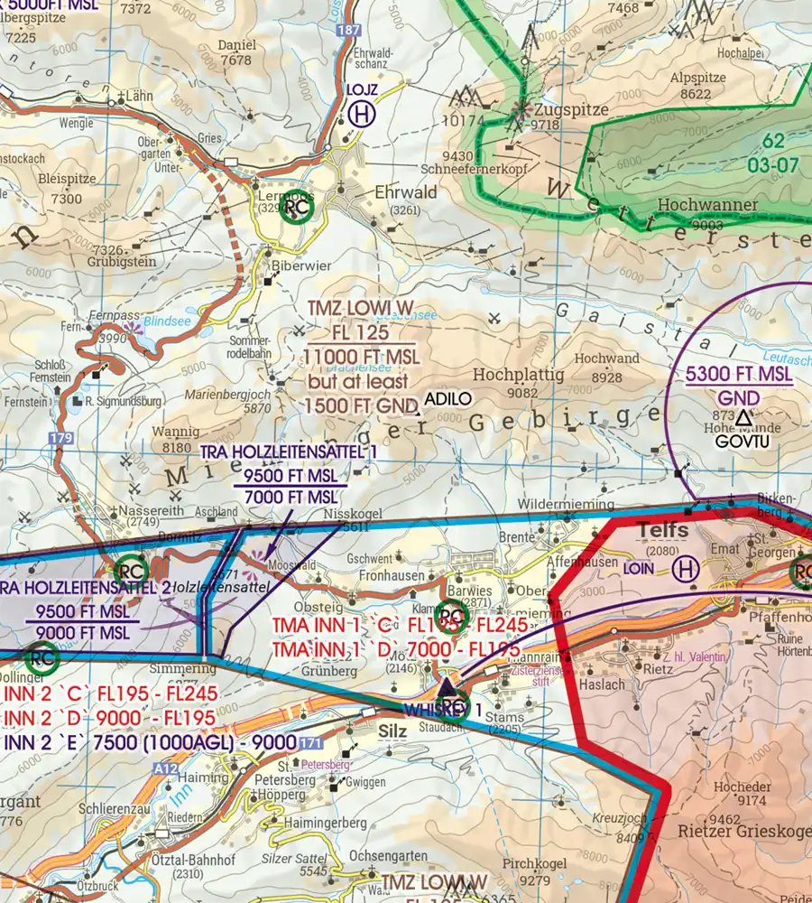 TMZ Zone auf der VFR Luftfahrtkarte von Österreich
