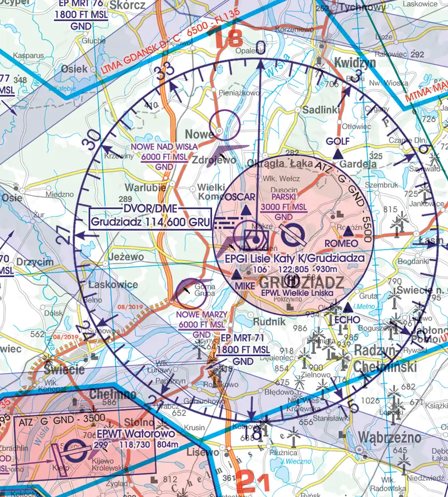 Flugnavigationsanlage auf der 500k VFR Karte von Polen