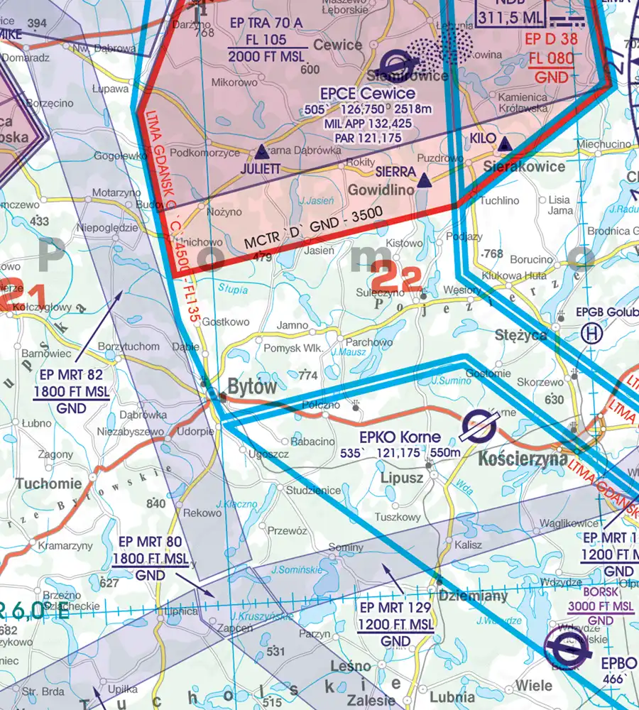 MATZ Flugplatzverkehrszone auf 500k ICAO Karte von Polen