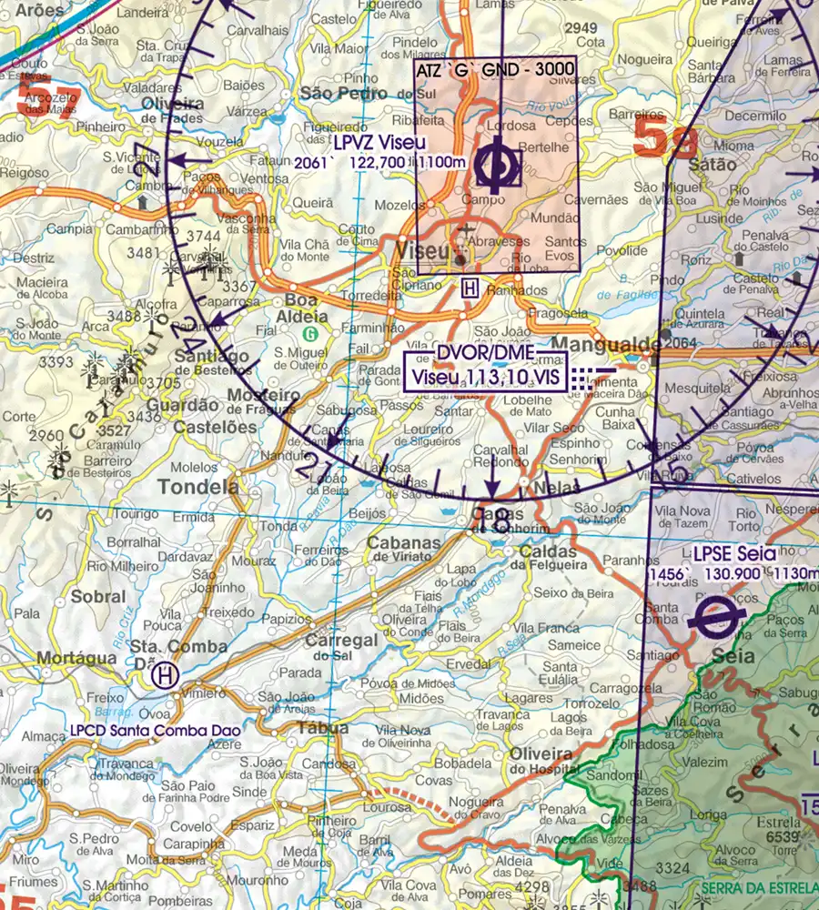 Funknavigationsanlage auf der Luftfahrkarte von Portugal in 500k