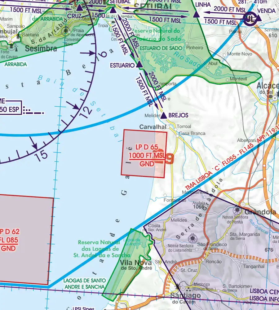 Gefahrengebiet auf der 500k Luftfahrkarte von Portugal