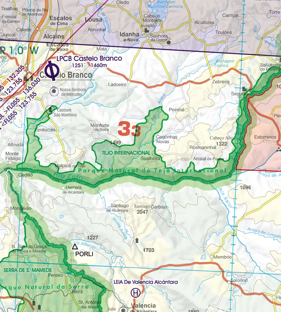 Grenzüberflugspunkte auf der VFR Karte von Portugal in 500k