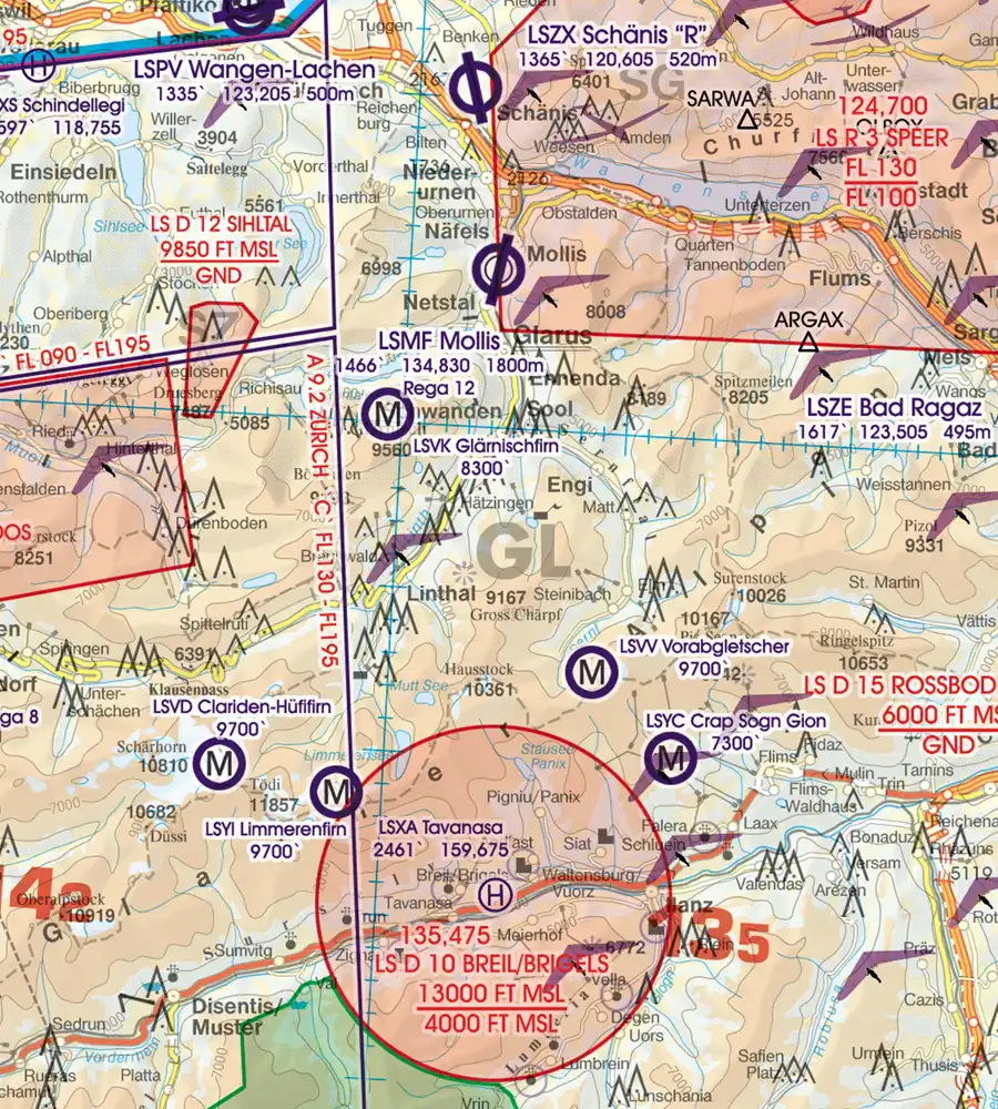 Flugbeschränkungsgebiet auf der Sichtflugkarte der Schweiz in 500k