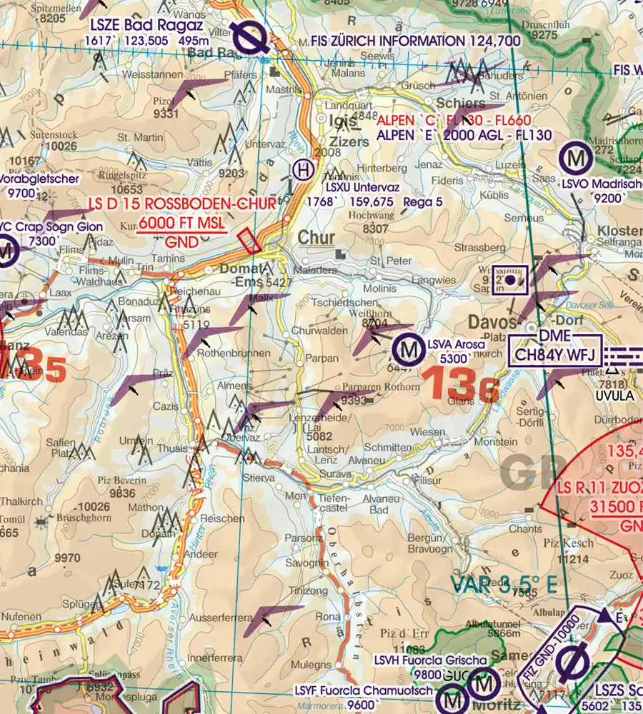 Luftsportgebiet auf der Luftfahrtkarte der Schweiz in 500k