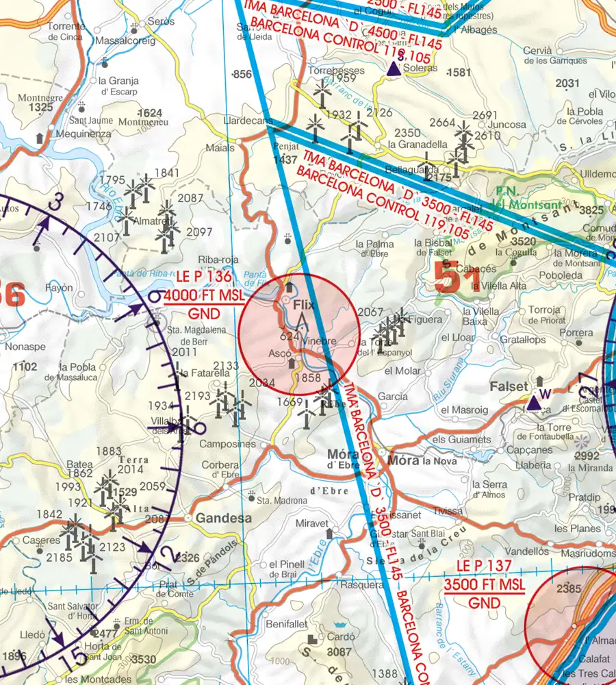 Gefahrengebiet auf der VFR Karte von Spanien in 500k