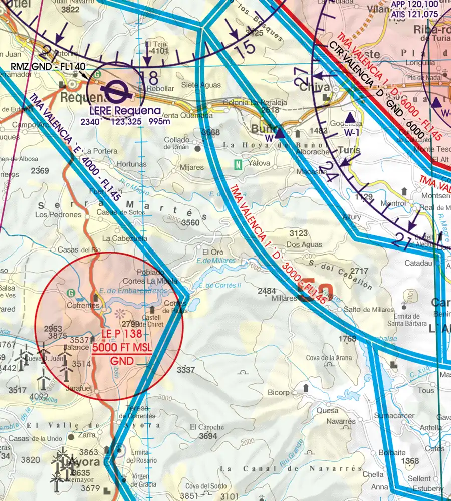TMA Nahkontrollbezirk auf der 500k VFR ICAO Karte von Spanien
