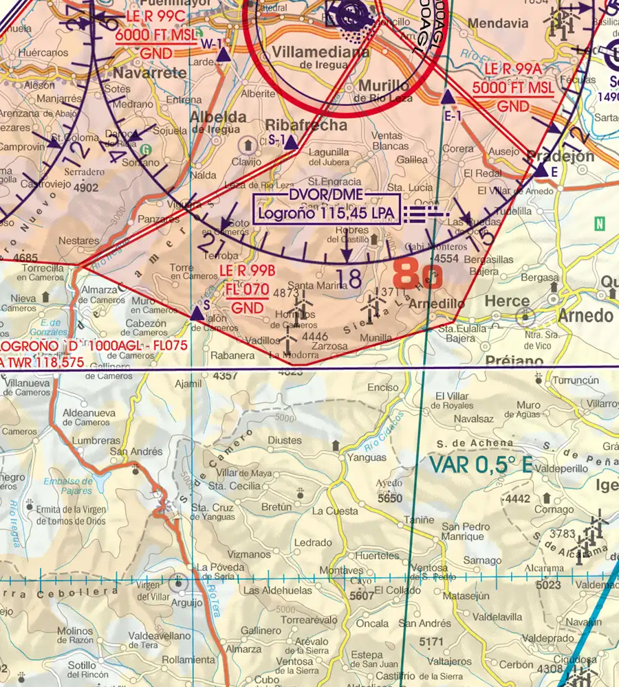 Luftsperrgebiet auf der ICAO Sichtflugkarte von Spanien in 500k