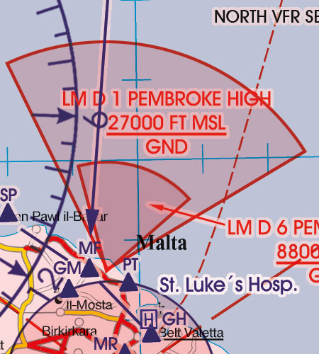 Malta Sizilien VFR Luftfahrtkarte Danger Area