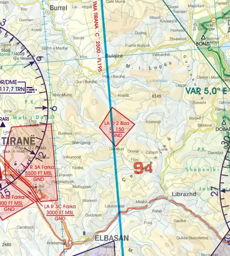 LA-D Gefahrengebiet in Albanien auf der Sichtflugkarte in 500k