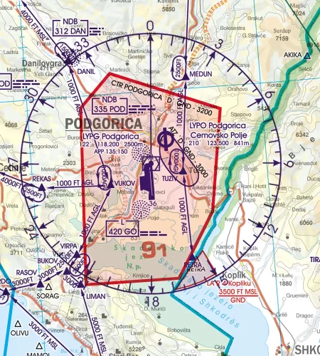 Anflugverfahren in Montenegro auf der 500k VFR Karte