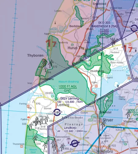 Naturschutzgebiete auf der 500k Sichtflugkarte von Dänemark