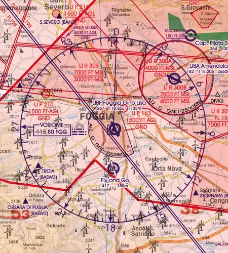 ATZ Flugplatzverkehrszonen auf der ICAO Karte von Italien in 500k