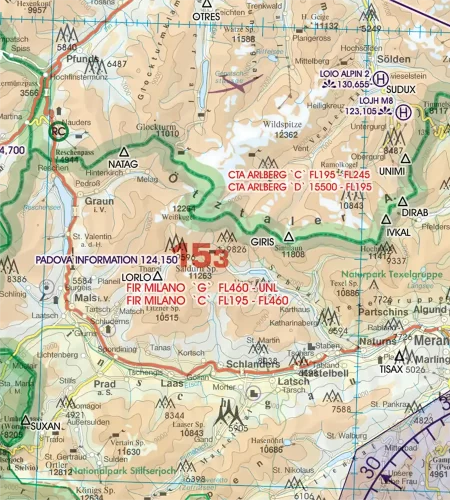 Grenzüberflugspunkte auf der 500k VFR Karte von Italien