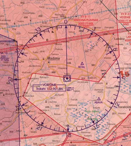 VOR/DME Funknavigationsanlage auf der Sichtflugkarte von Lettland in 500k