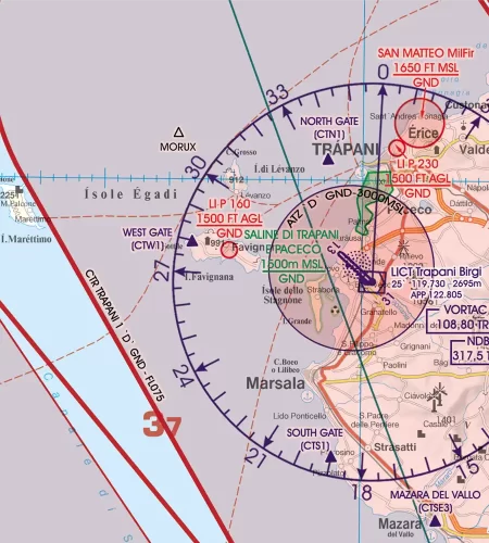 Flugbeschränkungsgebiet auf der VFR Karte für Malta und Sizilien in 500k