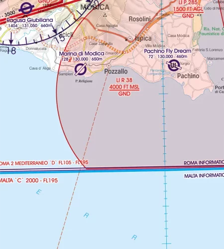 Restricted Area auf der 500k ICAO Karte für Malta und Sizilien