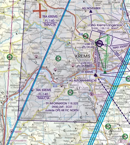 TRA Temporäre Zivile Luftraumreservierung auf der 200k VFR Karte von Österreich