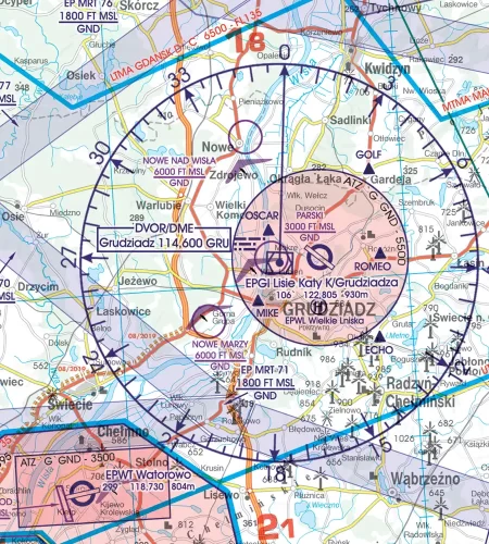 Flugnavigationsanlage auf der 500k VFR Karte von Polen