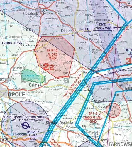 Luftsperrgebiete auf der 500k Sichtflugkarte von Polen