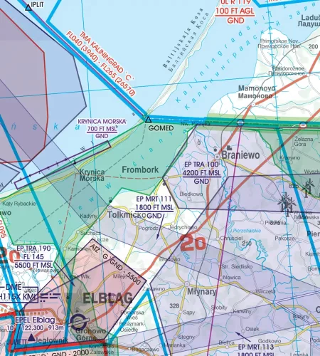 Grenzüberflugspunkte auf der VFR Karte von Polen in 500k