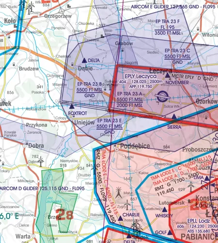 TRA Luftraumreservierung auf der Sichtflugkarte von Polen in 500k