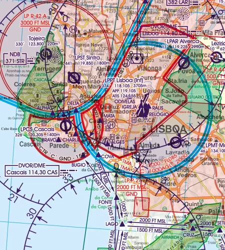 Gefahrengebiete auf der Sichtflugkarte von Portugal in 500k