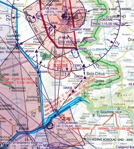 Anflugverfahren auf der VFR Karte von Serbien in 500k
