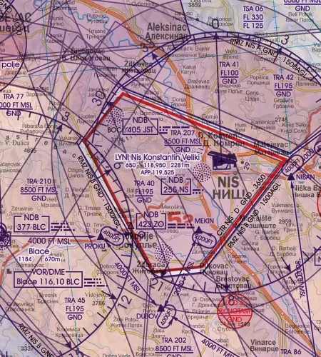 Flughafen auf der Sichtflugkarte von Serbien in 500k