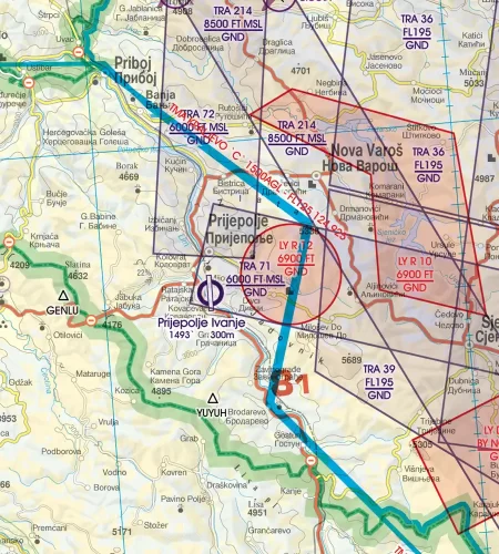Flugbeschränkungsgebiet auf der 500k VFR Karte von Serbien