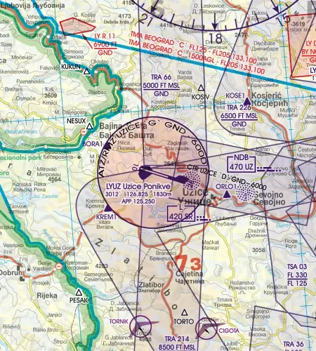Flugverkehrszone auf de 500k ICAO Karte von Serbien